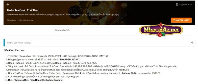 Khuyến mãi hoàn trả cược thể thao hấp dẫn tại 188Bet